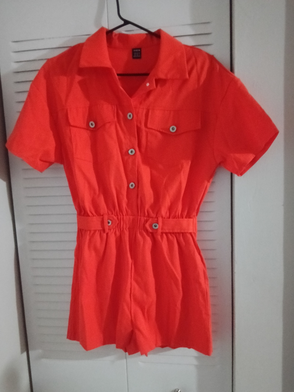 SHEIN Bright Orange Short-Sleeve Button-Down Romper
